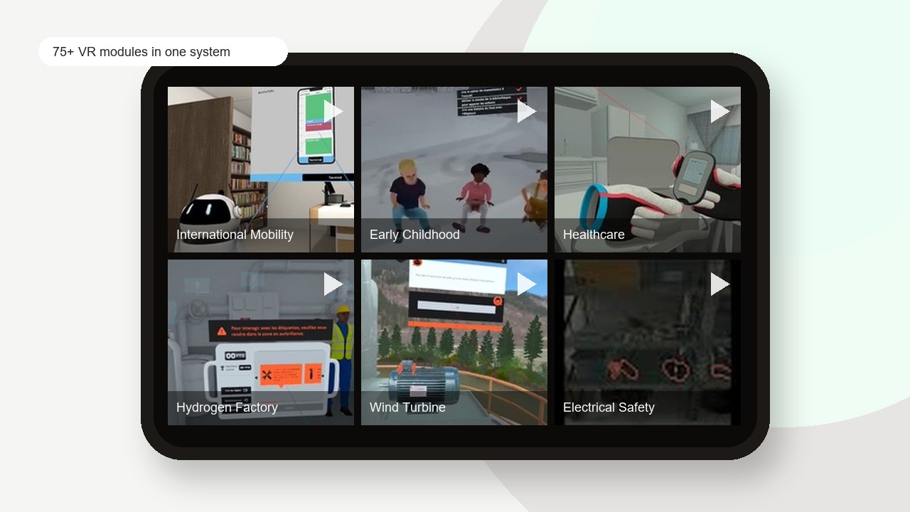 Six VR training modules displayed in a 3x2 device grid